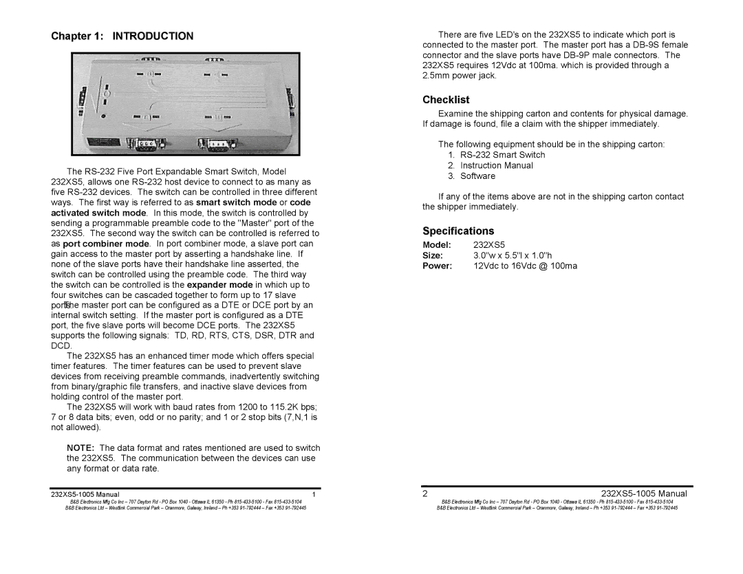 B&B Electronics manual Introduction, Checklist, Specifications, Model 232XS5 