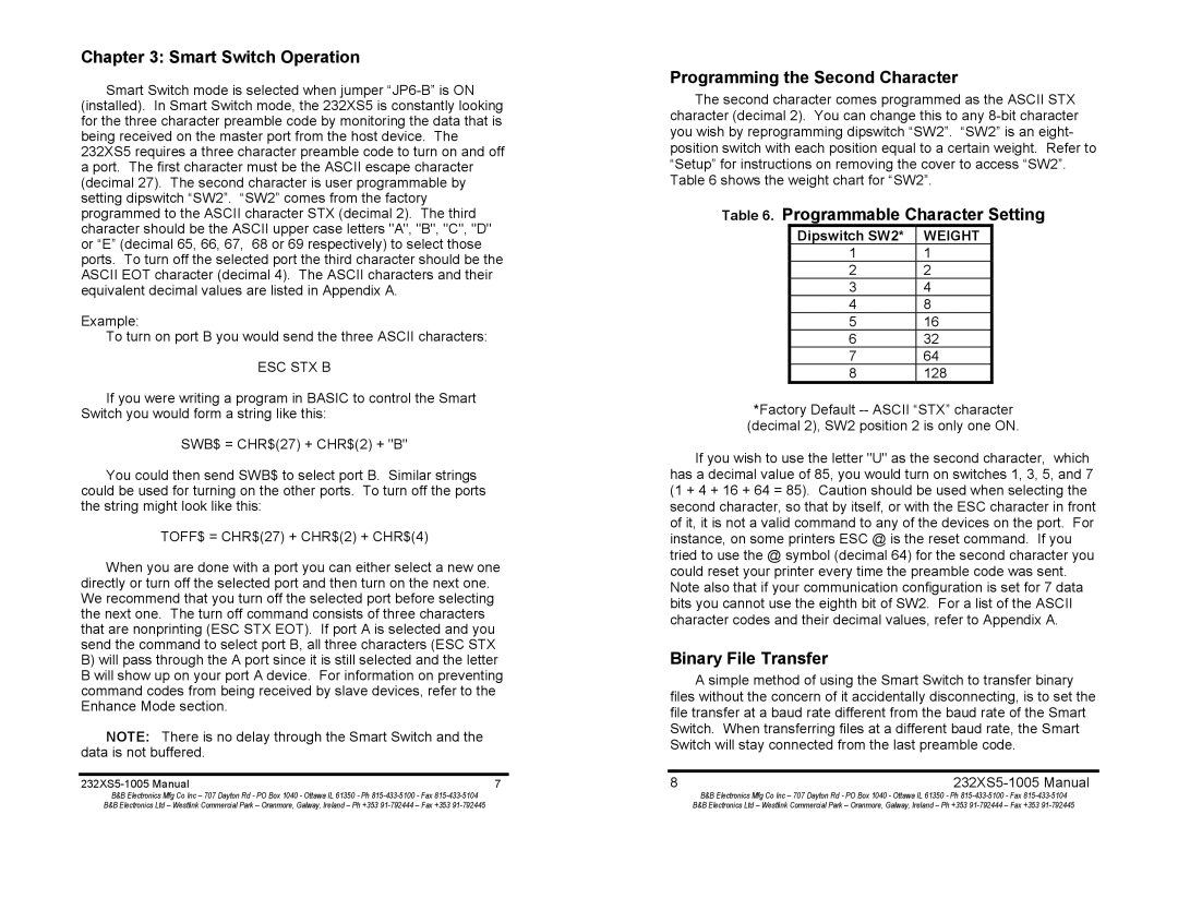 B&B Electronics 232XS5 Smart Switch Operation, Programming the Second Character, Programmable Character Setting, Weight 