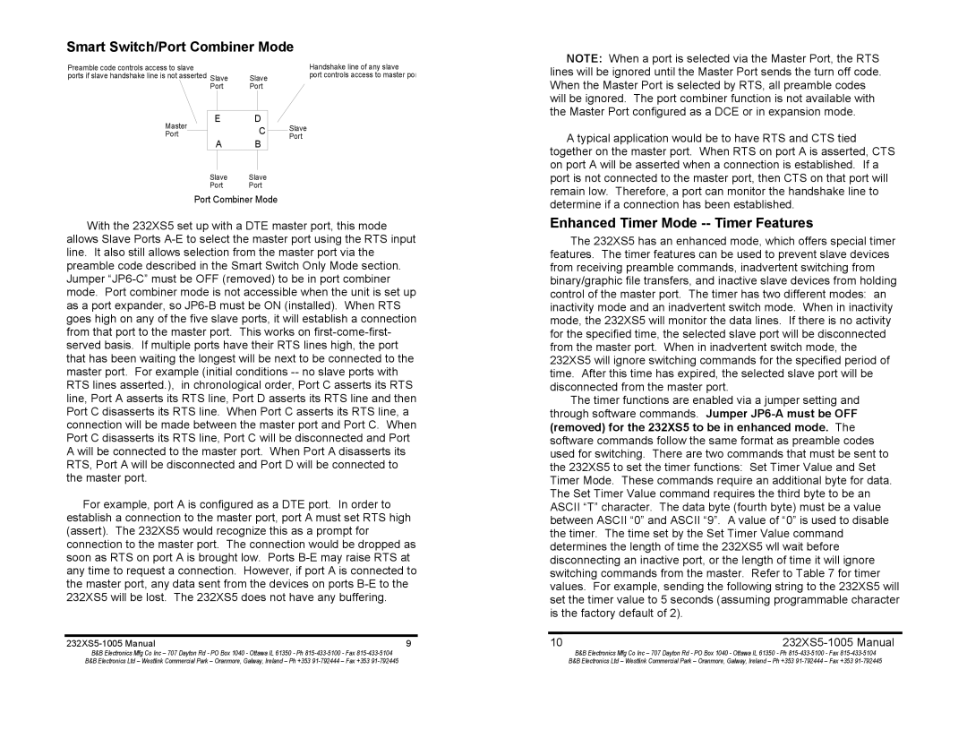 B&B Electronics 232XS5 manual Smart Switch/Port Combiner Mode, Enhanced Timer Mode -- Timer Features 