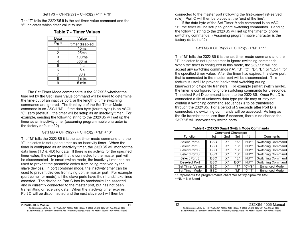 B&B Electronics manual Timer Values, 232XS5 Smart Switch Mode Commands 