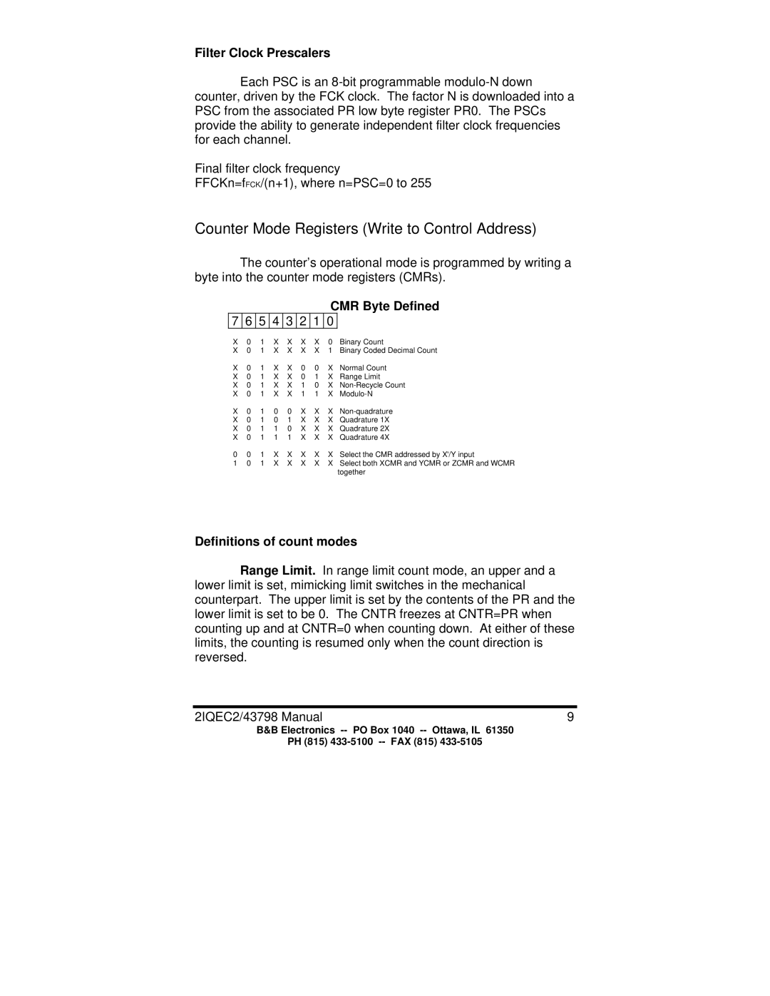 B&B Electronics 2IQEC2, 2IQEC4 Counter Mode Registers Write to Control Address, Filter Clock Prescalers, CMR Byte Defined 