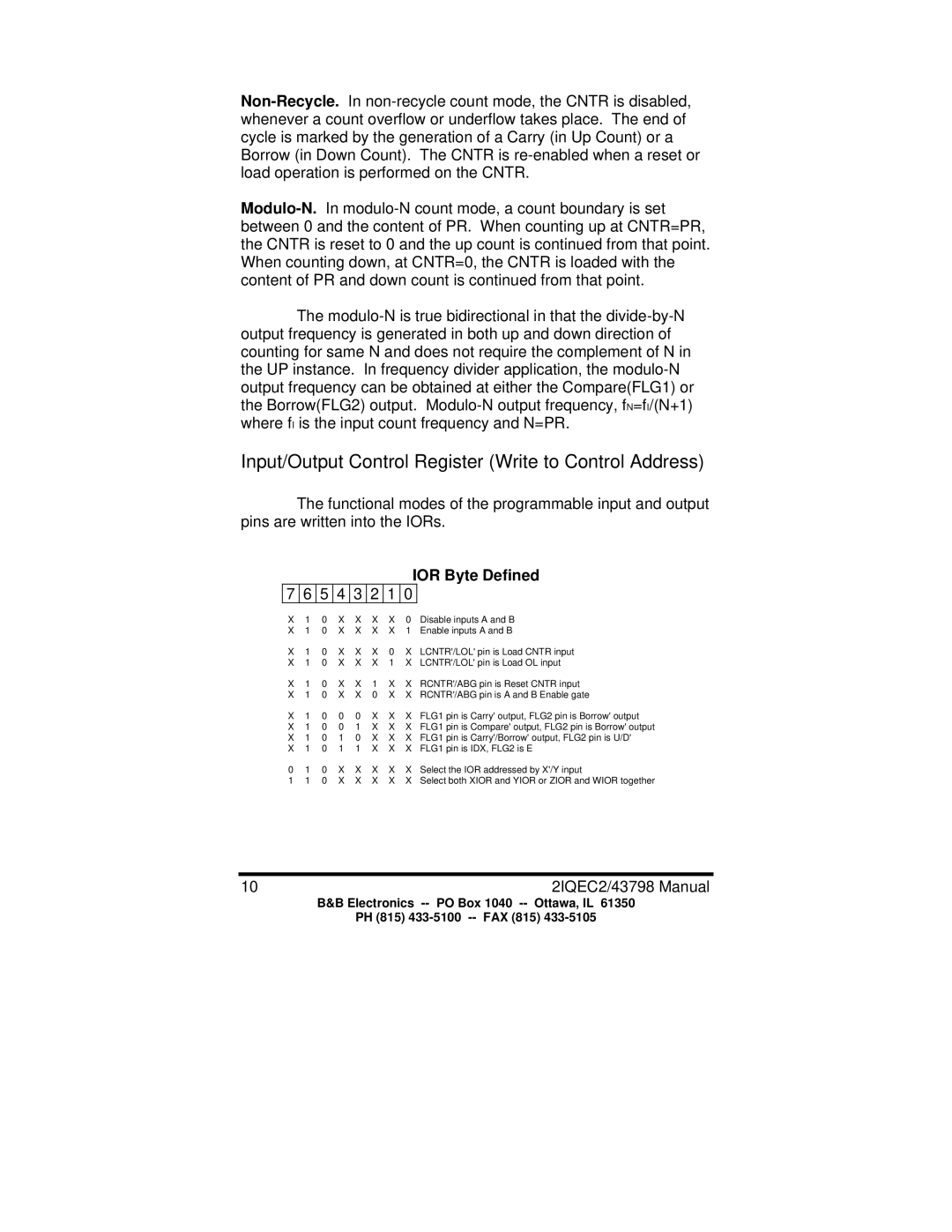 B&B Electronics 2IQEC4, 2IQEC2 manual Input/Output Control Register Write to Control Address, IOR Byte Defined 