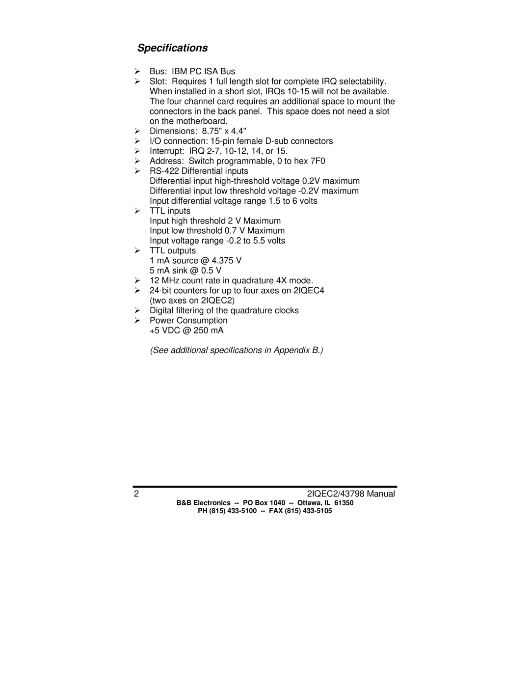 B&B Electronics 2IQEC4, 2IQEC2 manual Specifications 