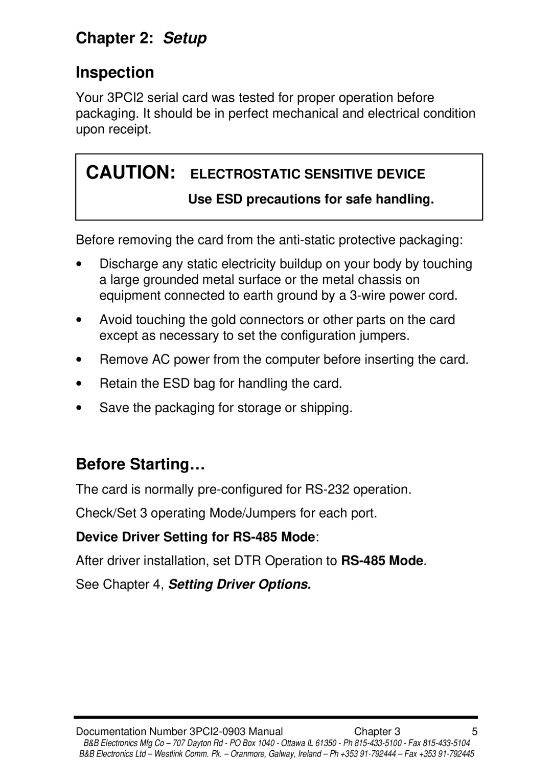 B&B Electronics 3PCI2 manual Setup Inspection, Before Starting…, Device Driver Setting for RS-485 Mode 