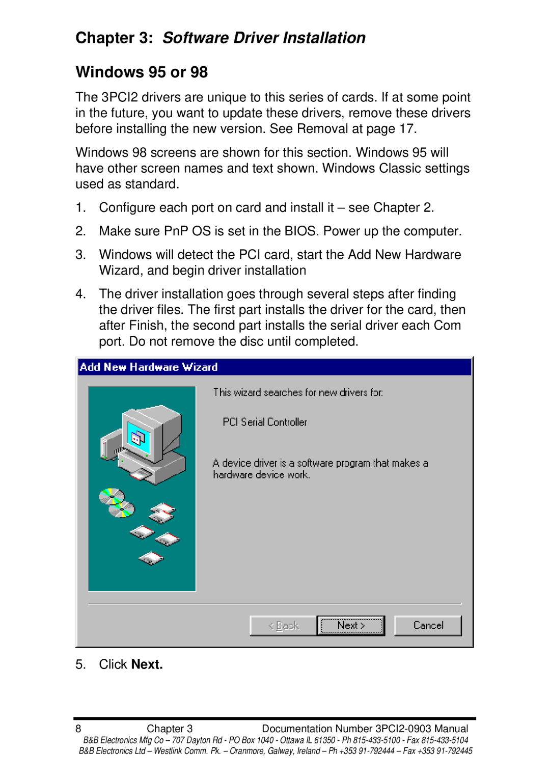 B&B Electronics 3PCI2 manual Software Driver Installation, Windows 95 or 