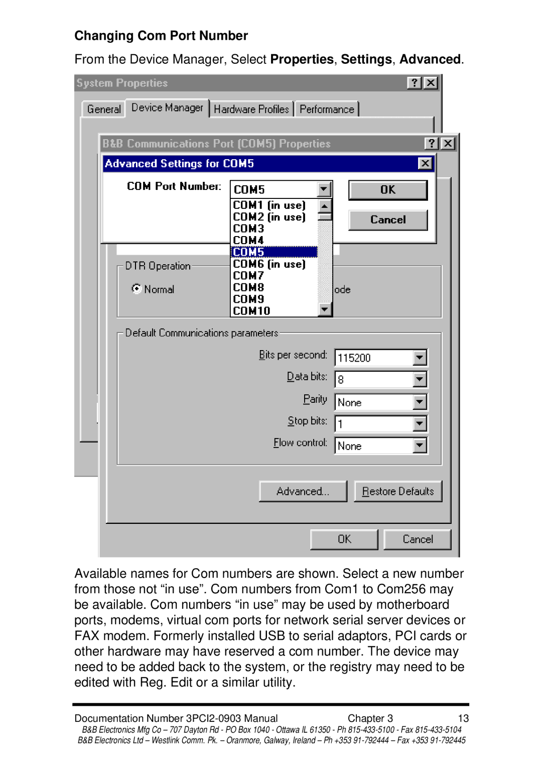 B&B Electronics 3PCI2 manual Changing Com Port Number 