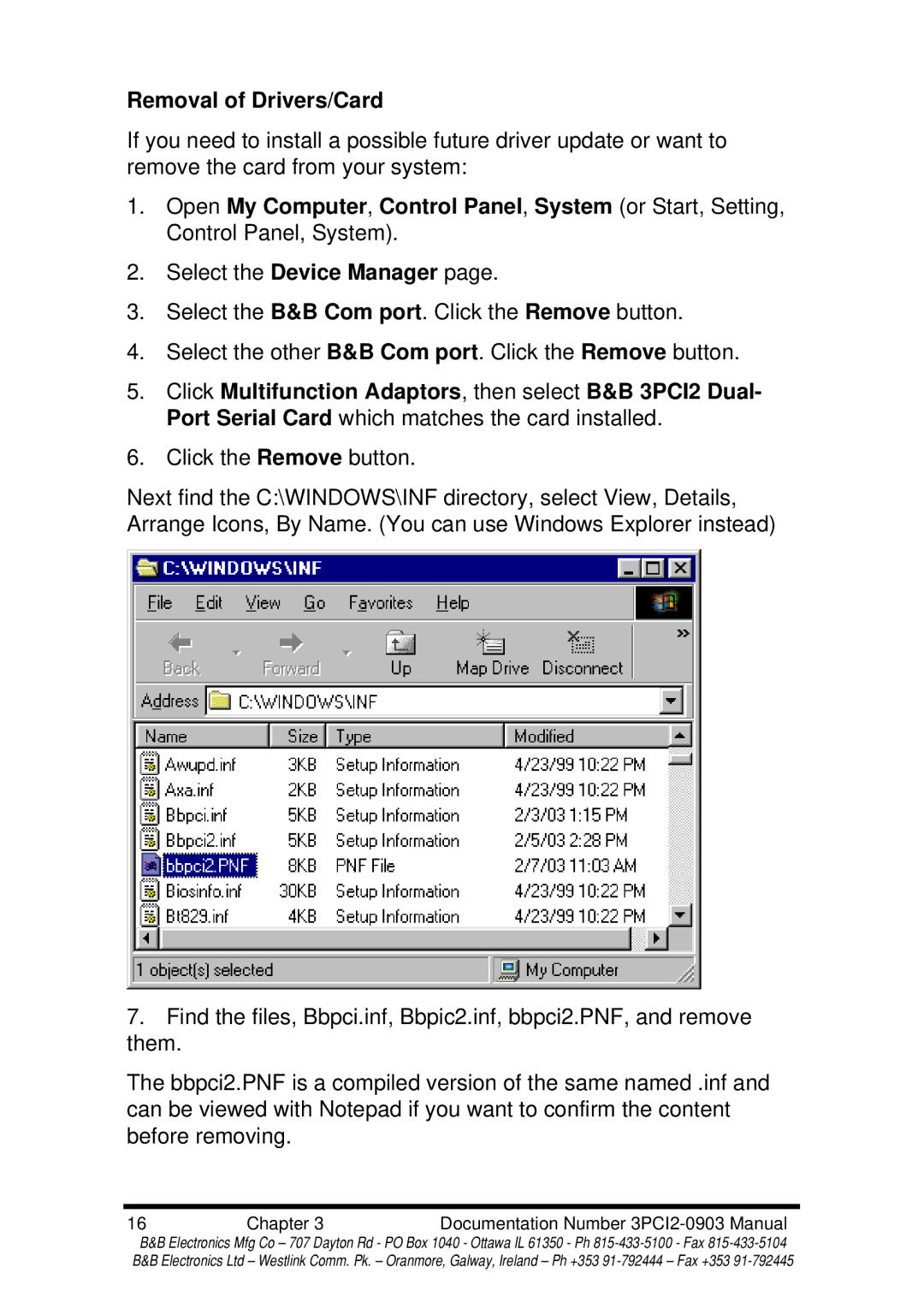 B&B Electronics 3PCI2 manual Removal of Drivers/Card 