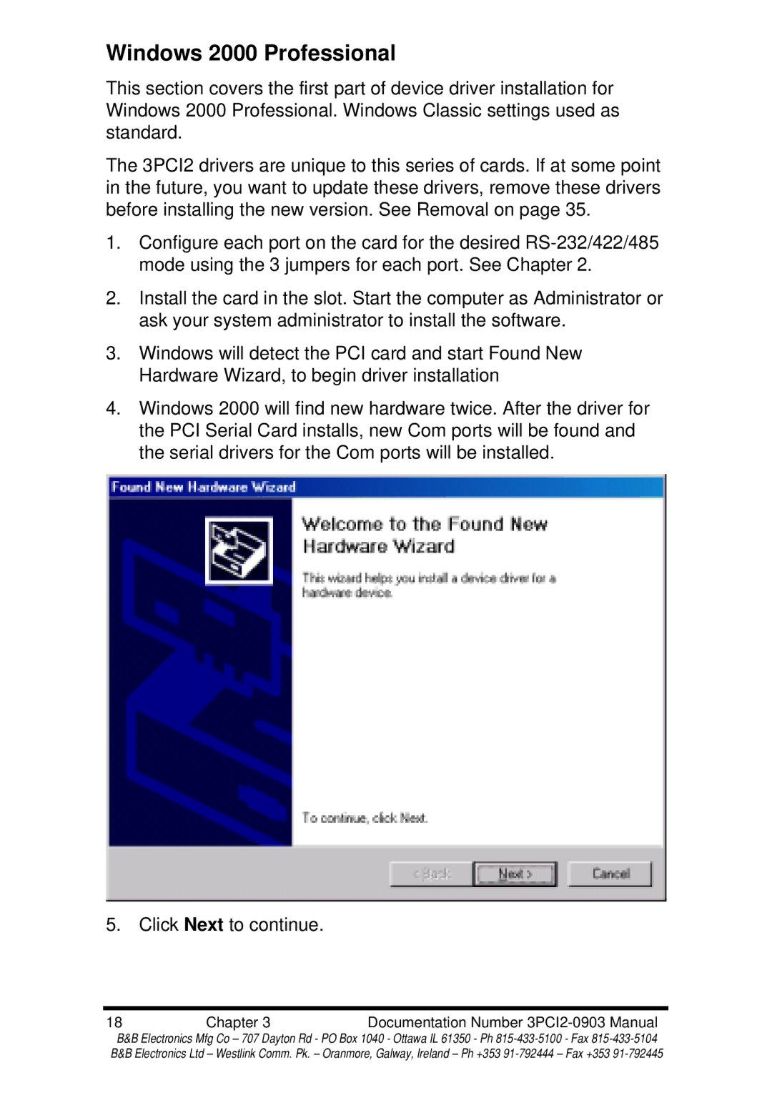 B&B Electronics 3PCI2 manual Windows 2000 Professional 