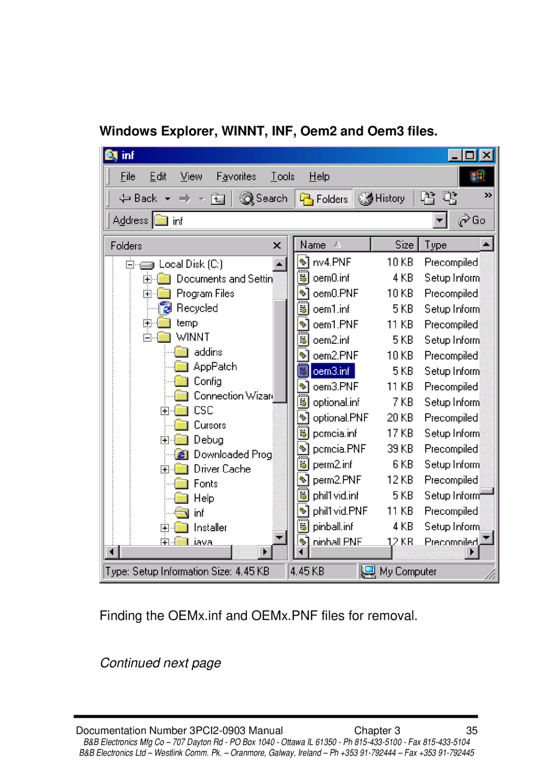 B&B Electronics 3PCI2 manual Windows Explorer, WINNT, INF, Oem2 and Oem3 files 