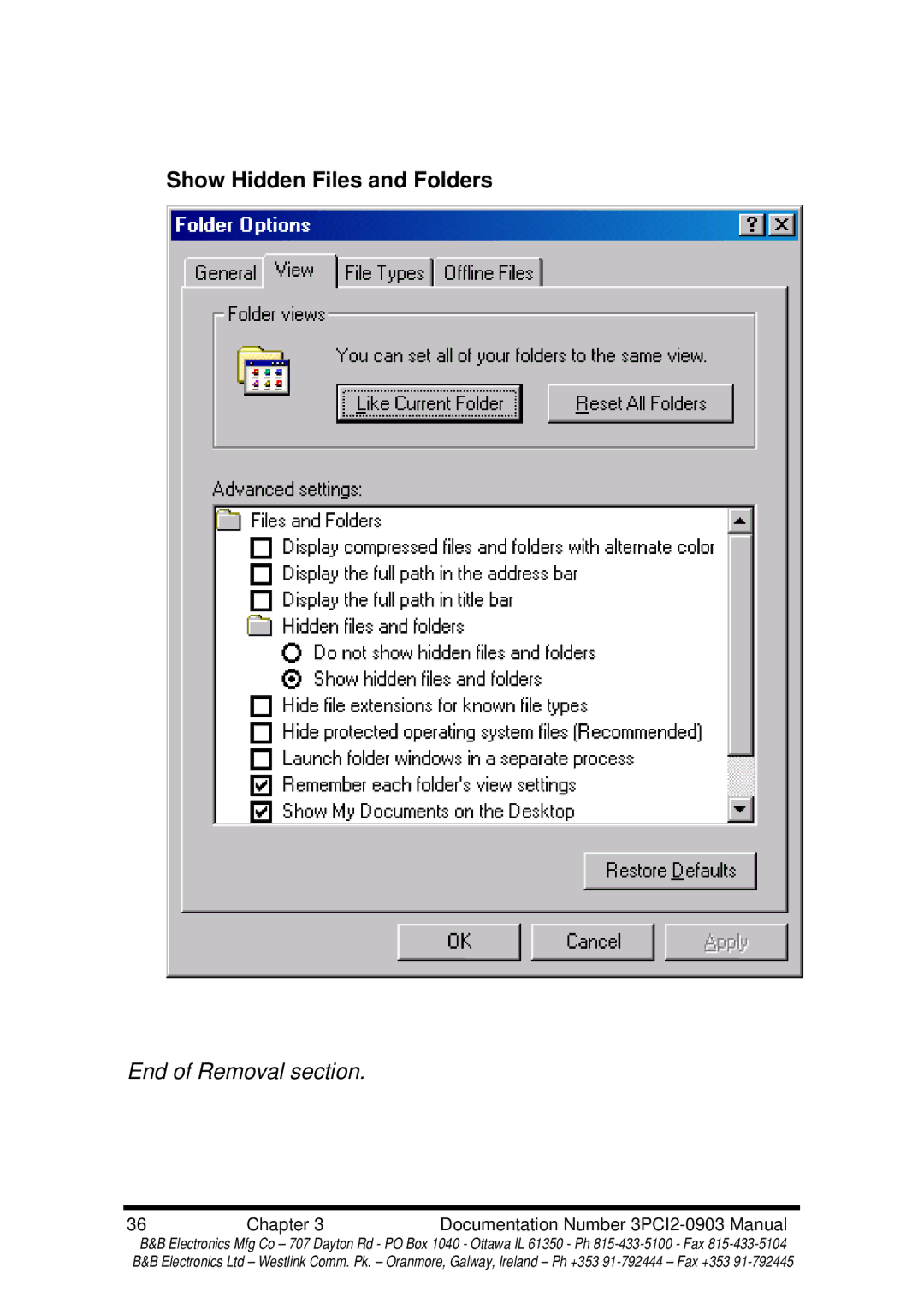 B&B Electronics 3PCI2 manual Show Hidden Files and Folders 