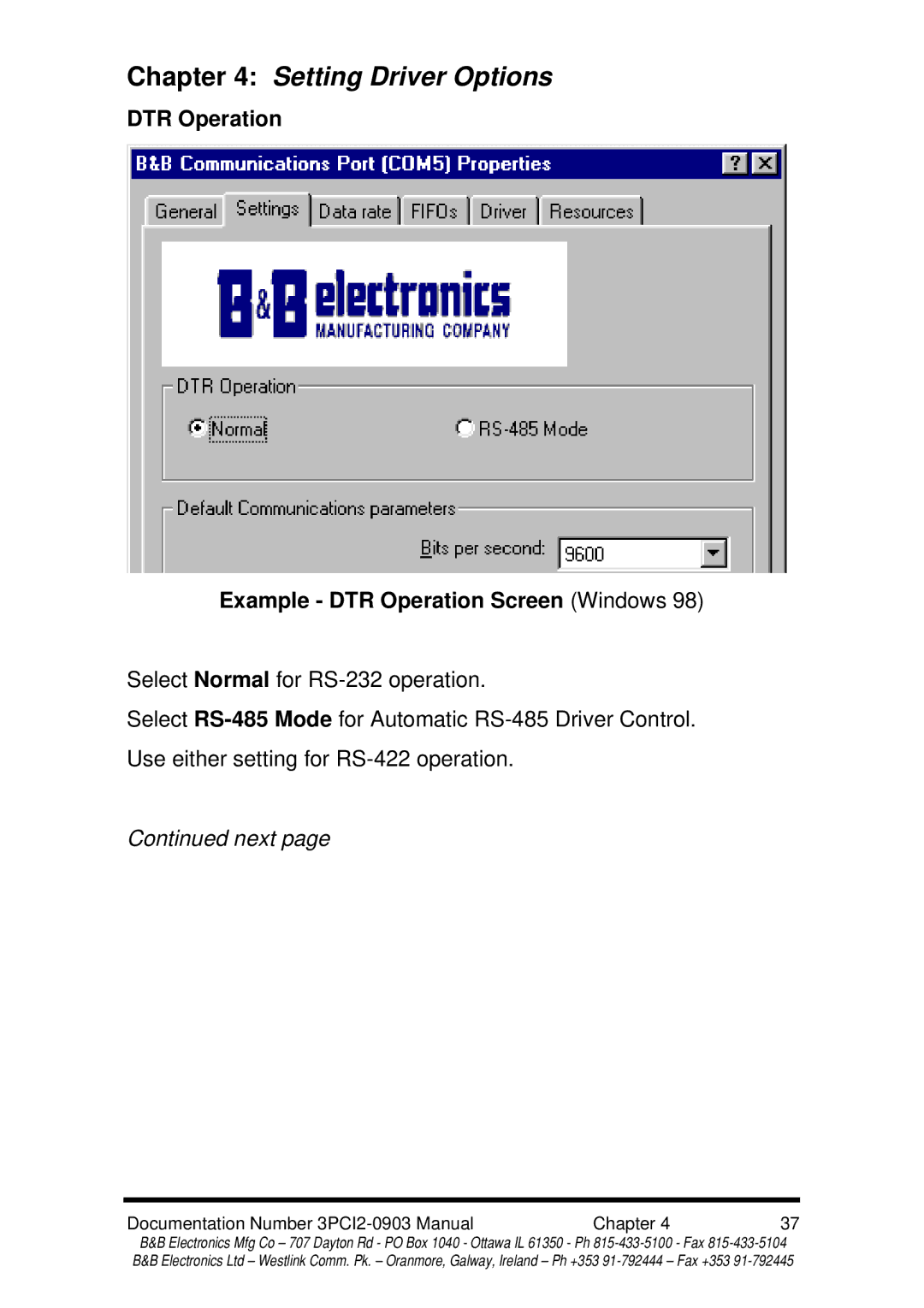 B&B Electronics 3PCI2 manual Setting Driver Options, DTR Operation Example DTR Operation Screen Windows 