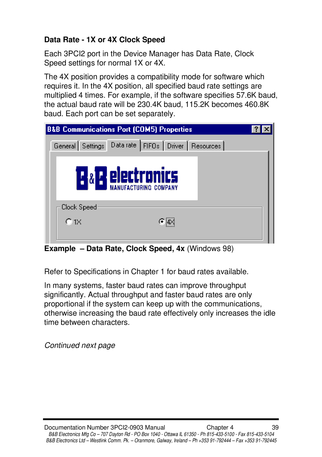 B&B Electronics 3PCI2 manual Data Rate 1X or 4X Clock Speed, Example Data Rate, Clock Speed, 4x Windows 