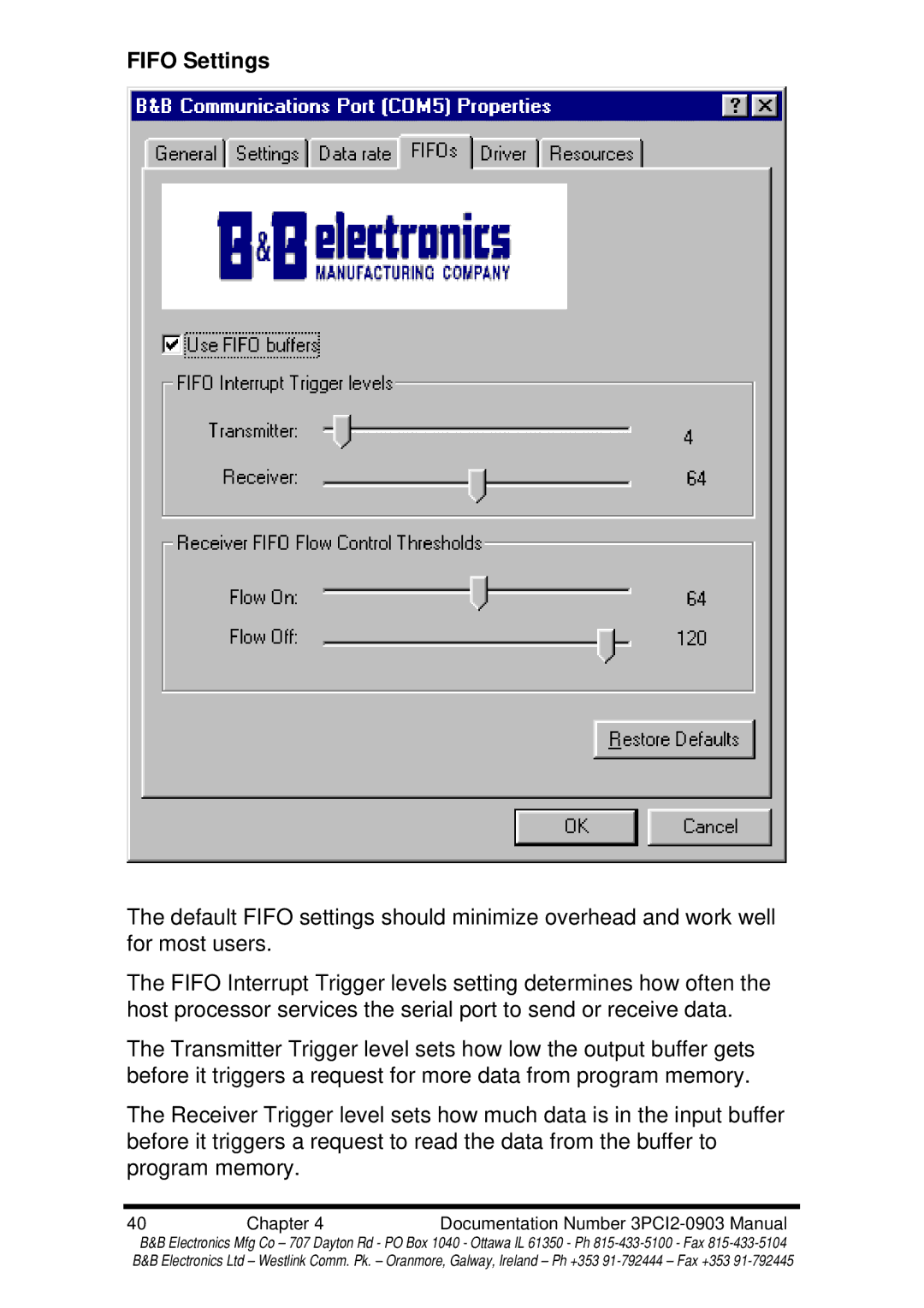 B&B Electronics 3PCI2 manual Fifo Settings 