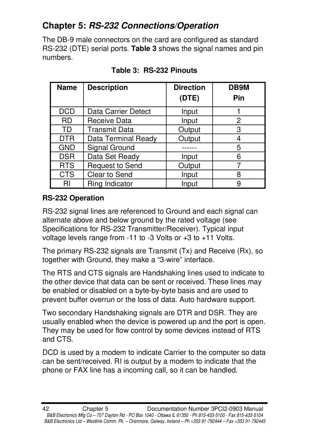 B&B Electronics 3PCI2 manual RS-232 Connections/Operation, RS-232 Pinouts Name Description Direction, RS-232 Operation 