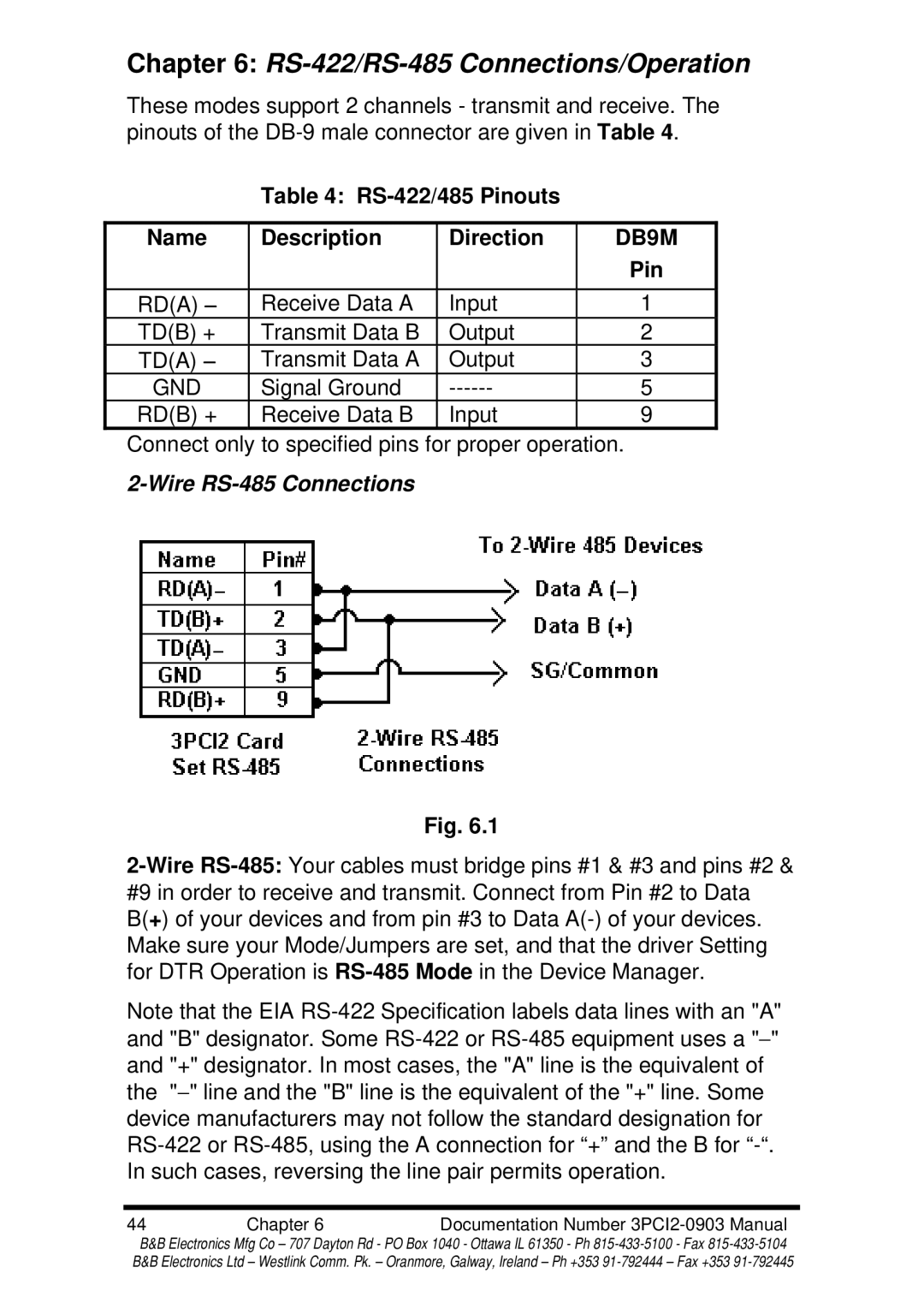 B&B Electronics 3PCI2 manual RS-422/RS-485 Connections/Operation, RS-422/485 Pinouts Name Description Direction 