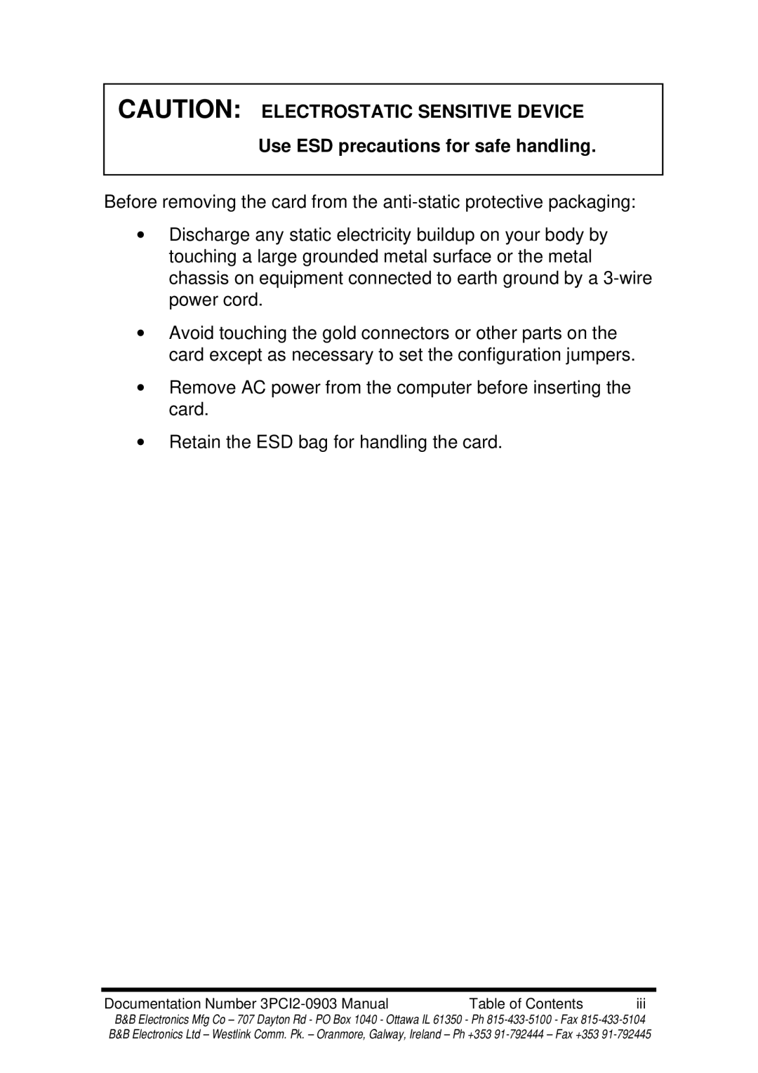 B&B Electronics 3PCI2 manual Use ESD precautions for safe handling 