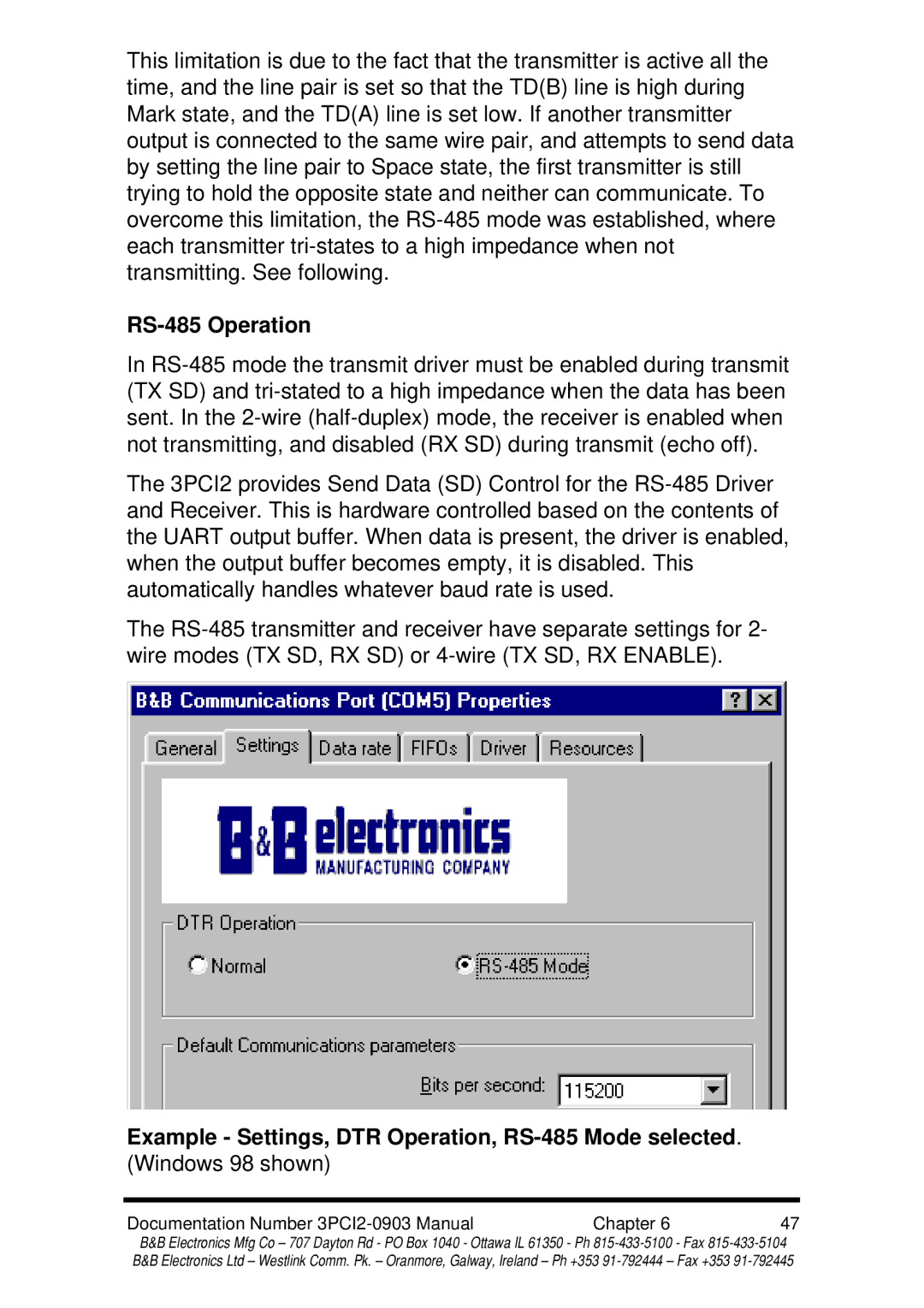 B&B Electronics 3PCI2 manual RS-485 Operation, Example Settings, DTR Operation, RS-485 Mode selected 