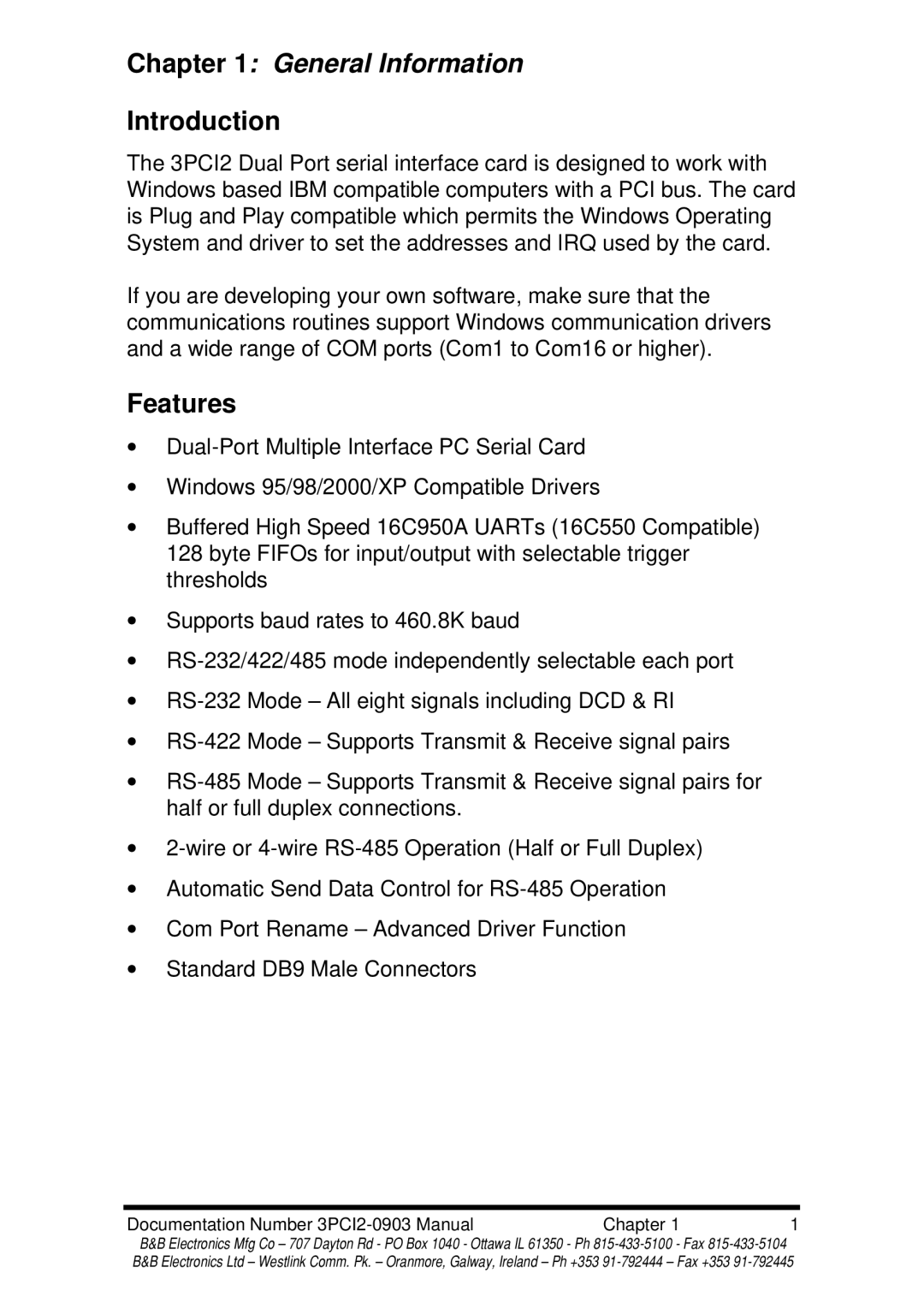 B&B Electronics 3PCI2 manual General Information, Introduction, Features 