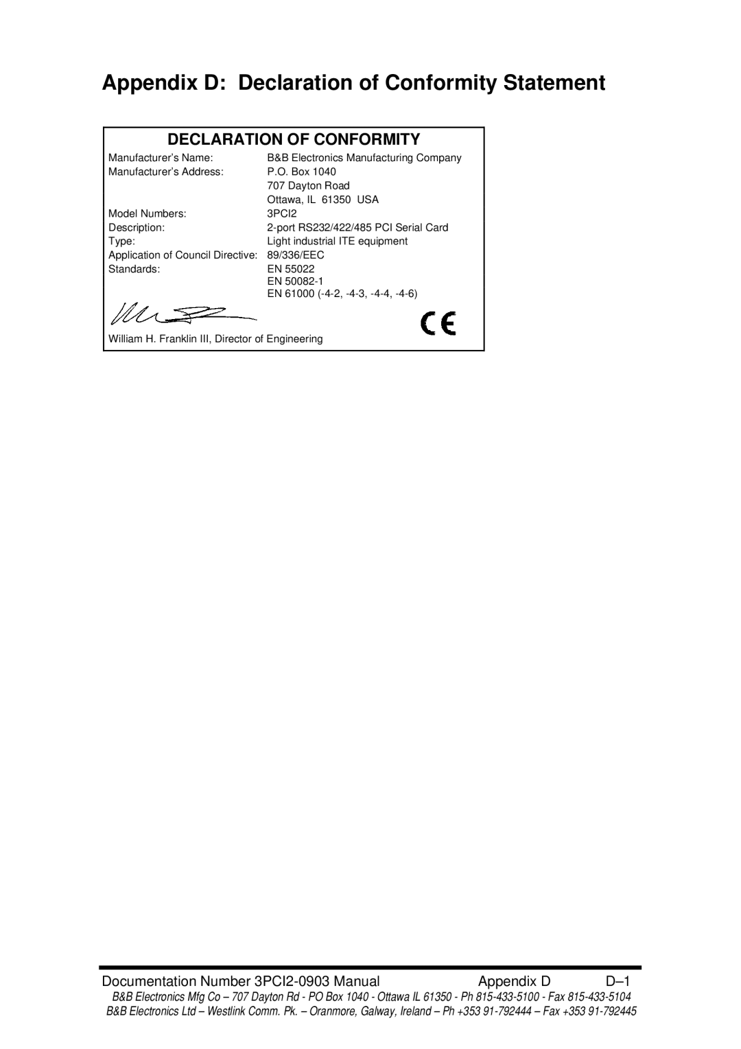 B&B Electronics 3PCI2 manual Appendix D Declaration of Conformity Statement 