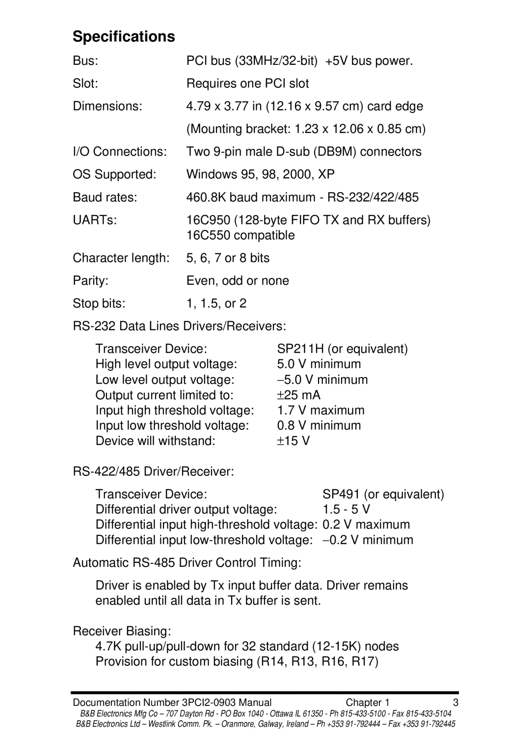 B&B Electronics 3PCI2 manual Specifications 