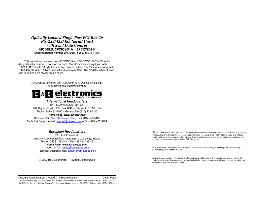 B&B Electronics 3PCIOSD1A, 3PCIOSD1B manual RS-232/422/485 Serial Card 