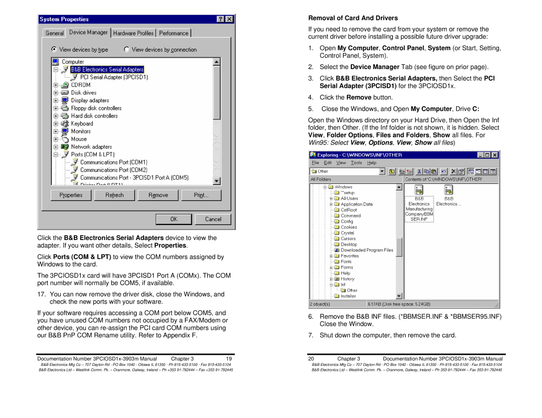 B&B Electronics 3PCIOSD1B, 3PCIOSD1A manual Removal of Card And Drivers 