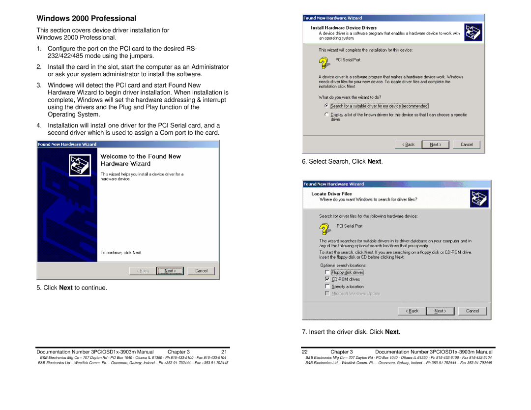 B&B Electronics 3PCIOSD1A, 3PCIOSD1B manual Windows 2000 Professional 
