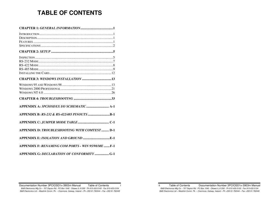 B&B Electronics 3PCIOSD1B, 3PCIOSD1A manual Table of Contents 