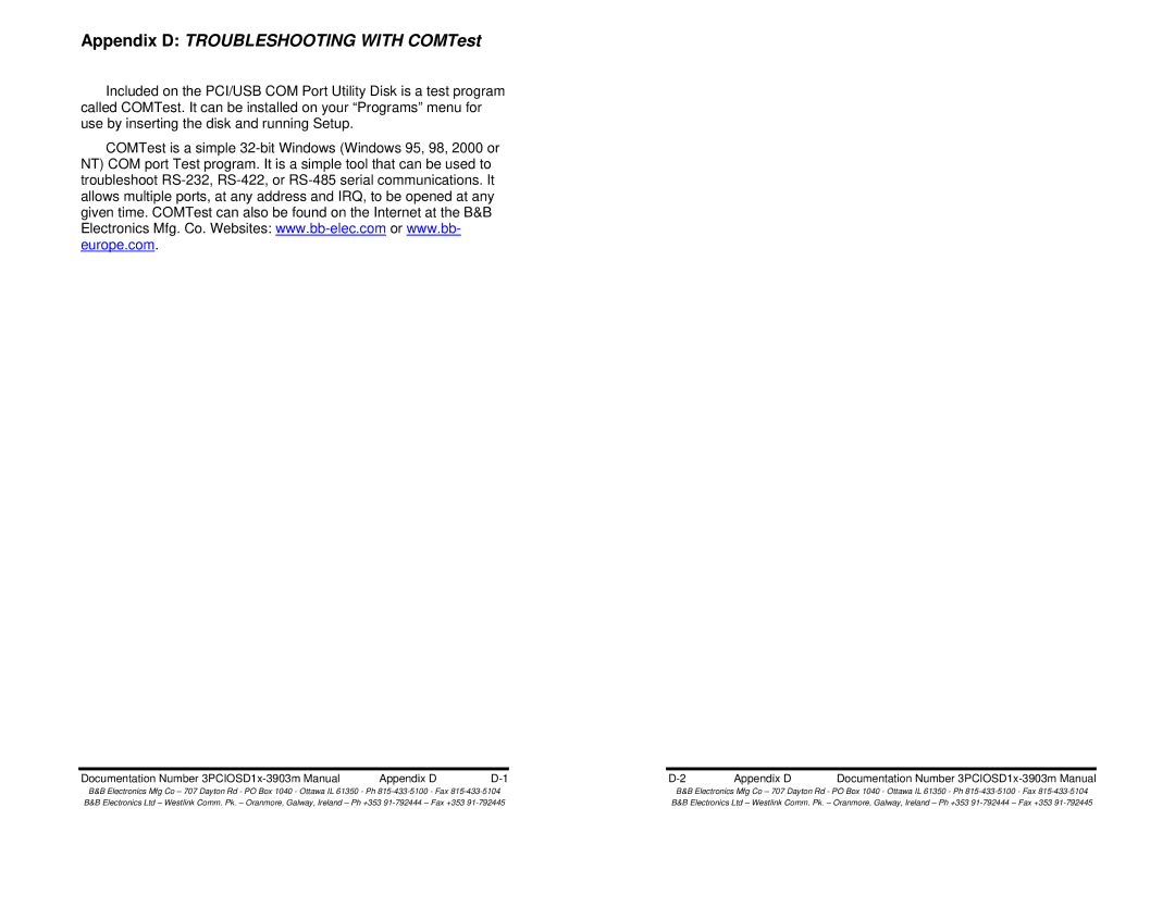 B&B Electronics 3PCIOSD1A Appendix D Troubleshooting with COMTest, Documentation Number 3PCIOSD1x-3903m Manual Appendix D 