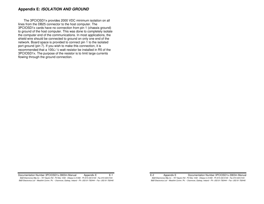 B&B Electronics 3PCIOSD1B manual Appendix E Isolation and Ground, Documentation Number 3PCIOSD1x-3903m Manual Appendix E 