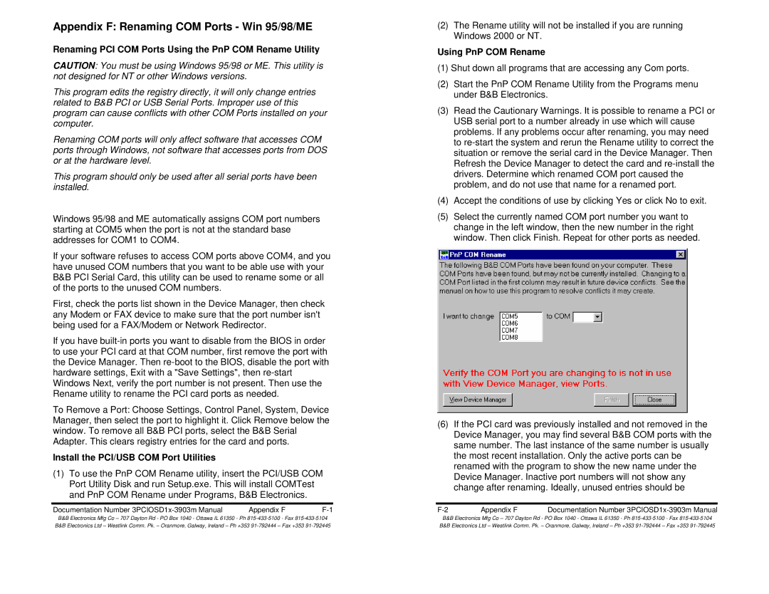 B&B Electronics 3PCIOSD1A, 3PCIOSD1B Appendix F Renaming COM Ports Win 95/98/ME, Install the PCI/USB COM Port Utilities 