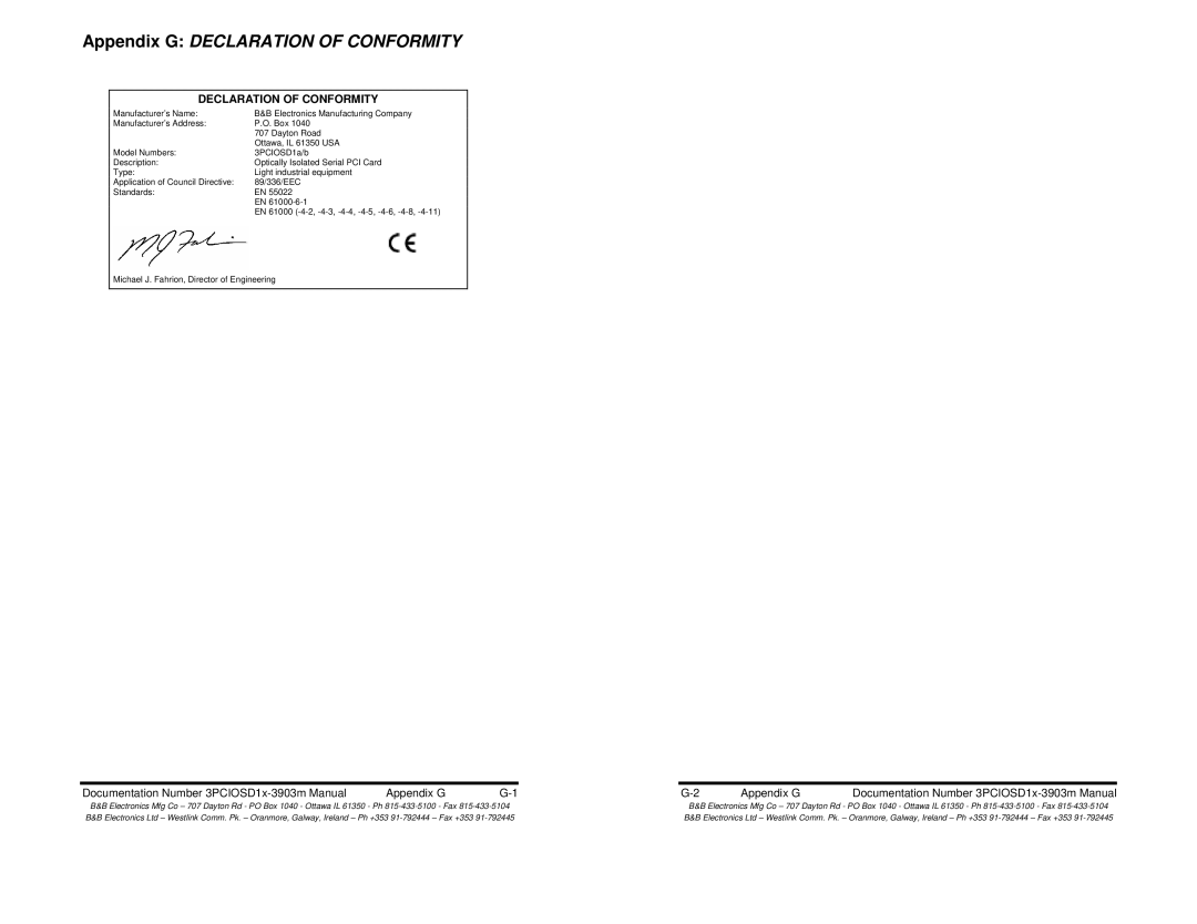 B&B Electronics 3PCIOSD1A Appendix G Declaration of Conformity, Documentation Number 3PCIOSD1x-3903m Manual Appendix G 