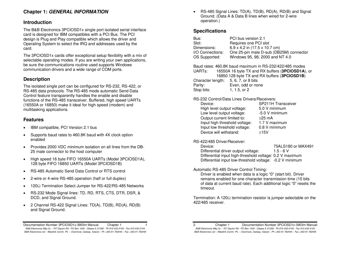 B&B Electronics 3PCIOSD1A, 3PCIOSD1B manual General Information, Introduction, Description, Features, Specifications 