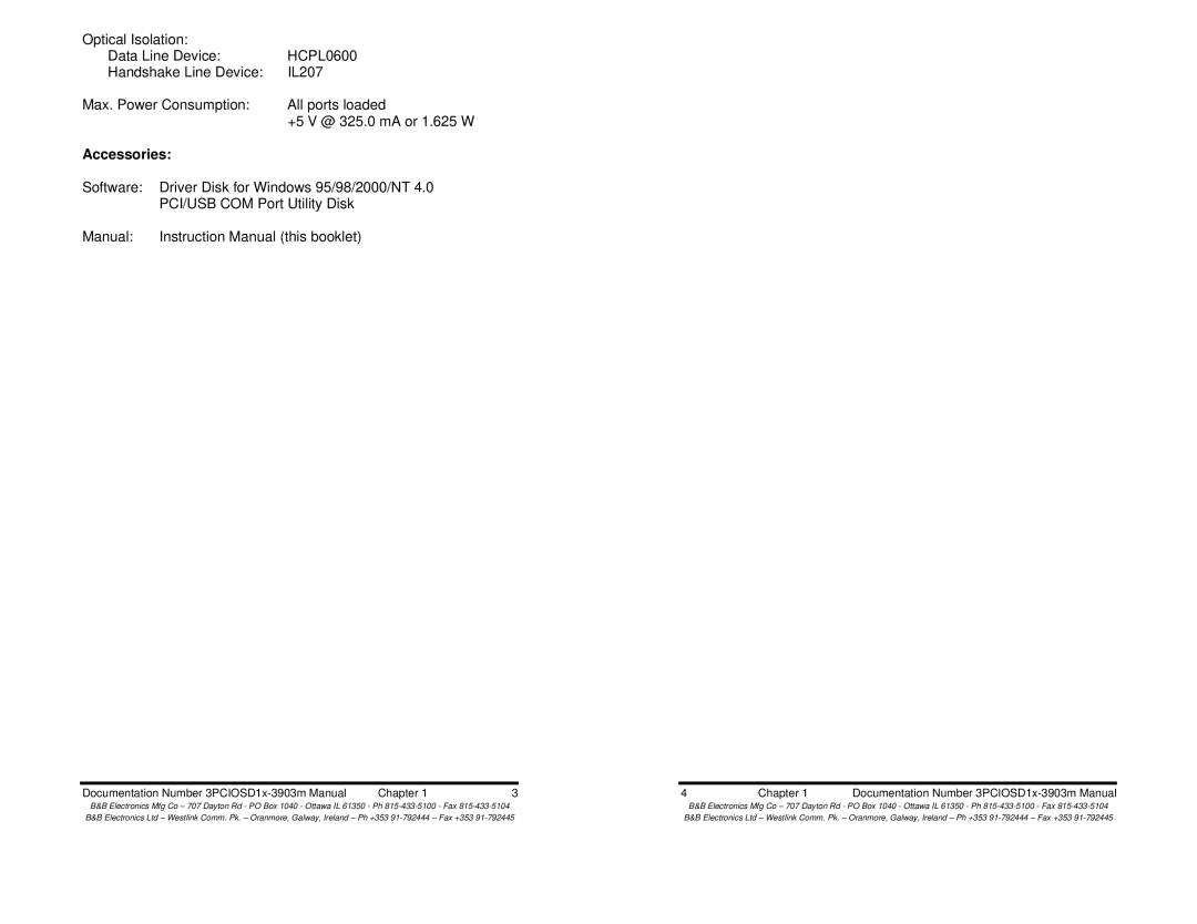 B&B Electronics 3PCIOSD1B, 3PCIOSD1A manual Accessories 
