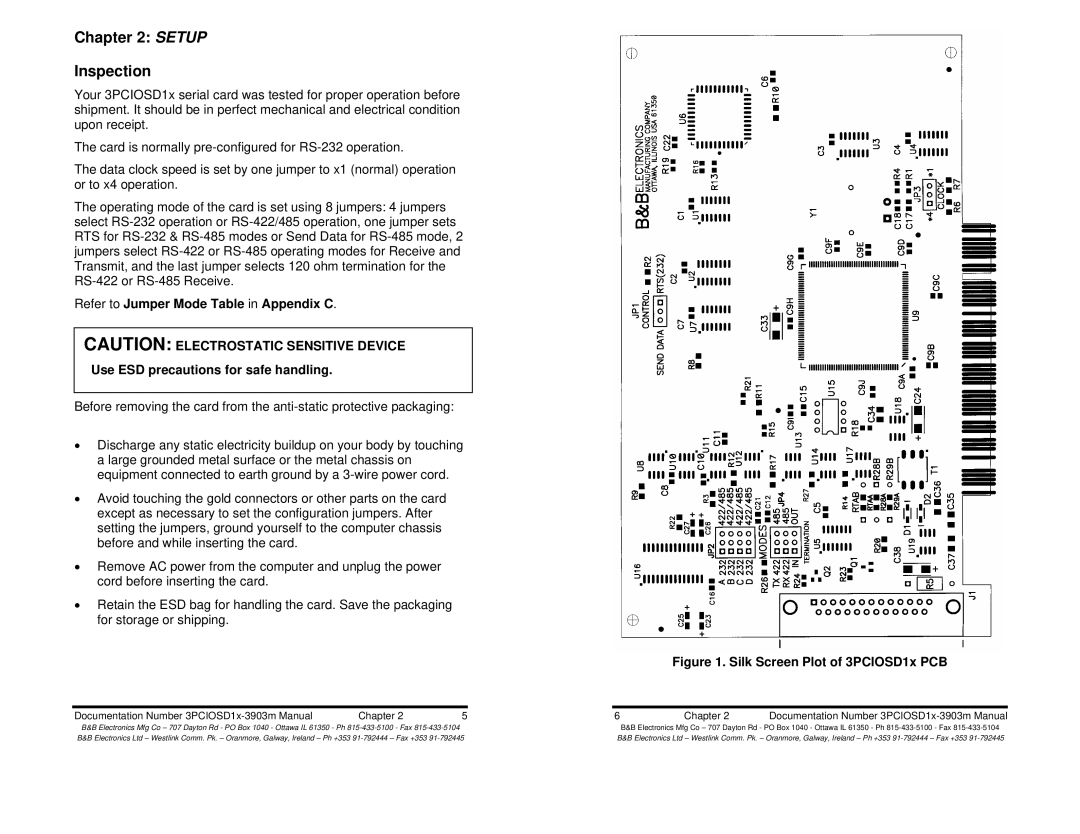 B&B Electronics 3PCIOSD1A, 3PCIOSD1B manual Setup Inspection, Silk Screen Plot of 3PCIOSD1x PCB 