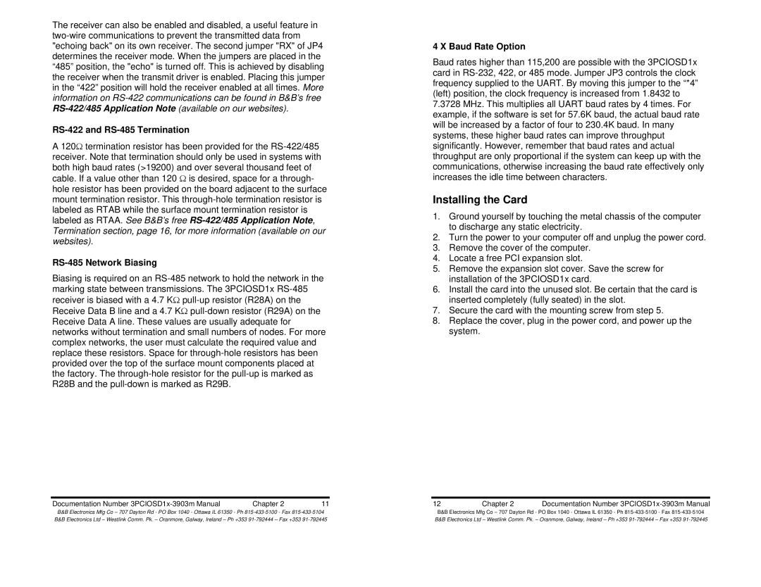 B&B Electronics 3PCIOSD1B Installing the Card, RS-422 and RS-485 Termination, RS-485 Network Biasing, Baud Rate Option 