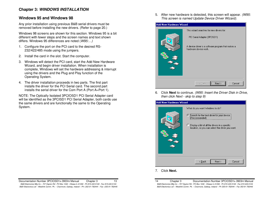 B&B Electronics 3PCIOSD1A, 3PCIOSD1B manual Windows Installation, Windows 95 and Windows 