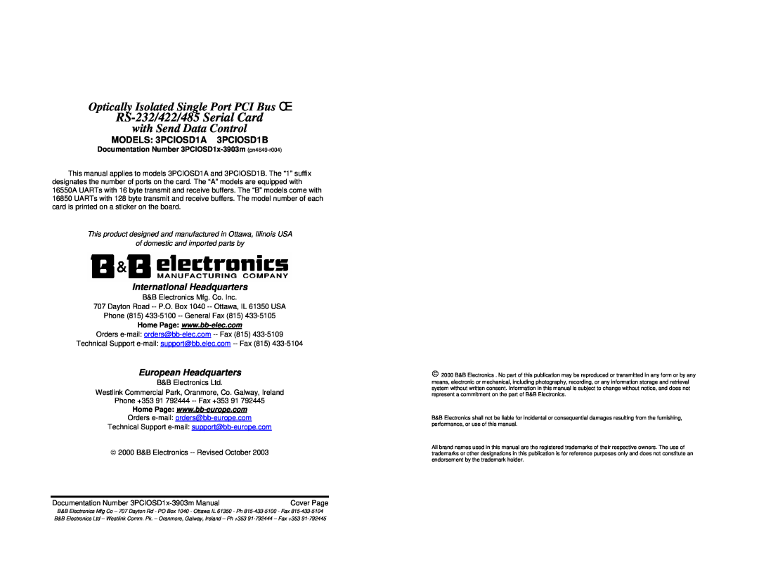 B&B Electronics manual MODELS 3PCIOSD1A 3PCIOSD1B, RS-232/422/485 Serial Card, with Send Data Control 