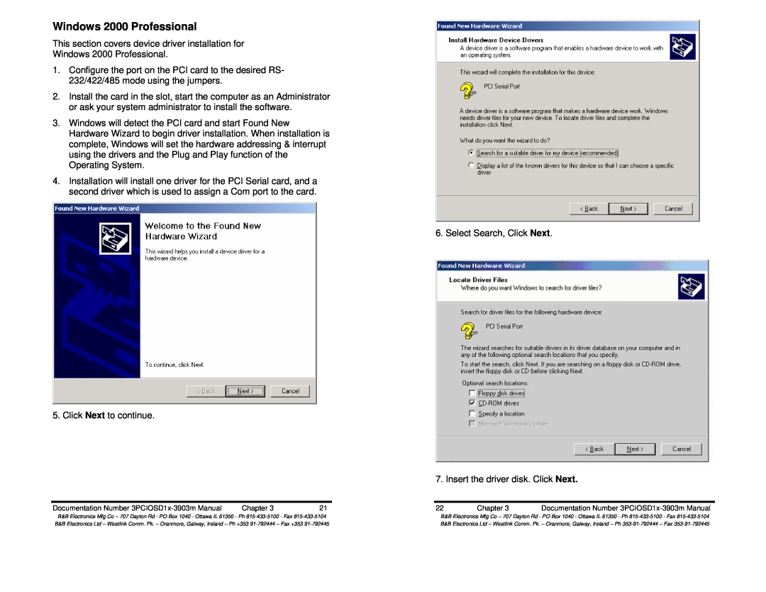 B&B Electronics 3PCIOSD1A, 3PCIOSD1B manual Windows 2000 Professional 