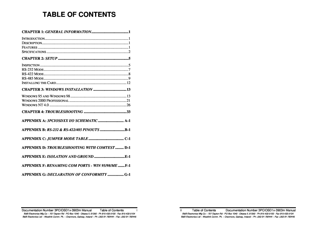 B&B Electronics 3PCIOSD1B, 3PCIOSD1A manual Table Of Contents, Appendix D Troubleshooting With Comtest 