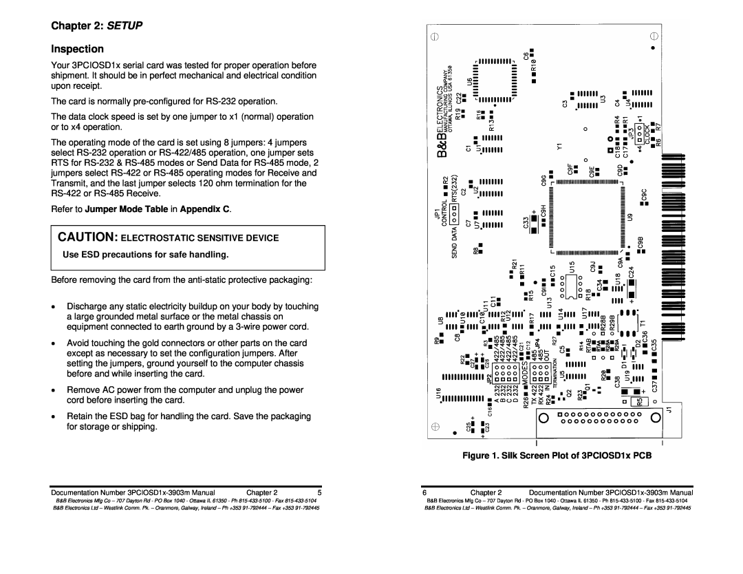 B&B Electronics 3PCIOSD1A SETUP Inspection, Refer to Jumper Mode Table in Appendix C, Silk Screen Plot of 3PCIOSD1x PCB 