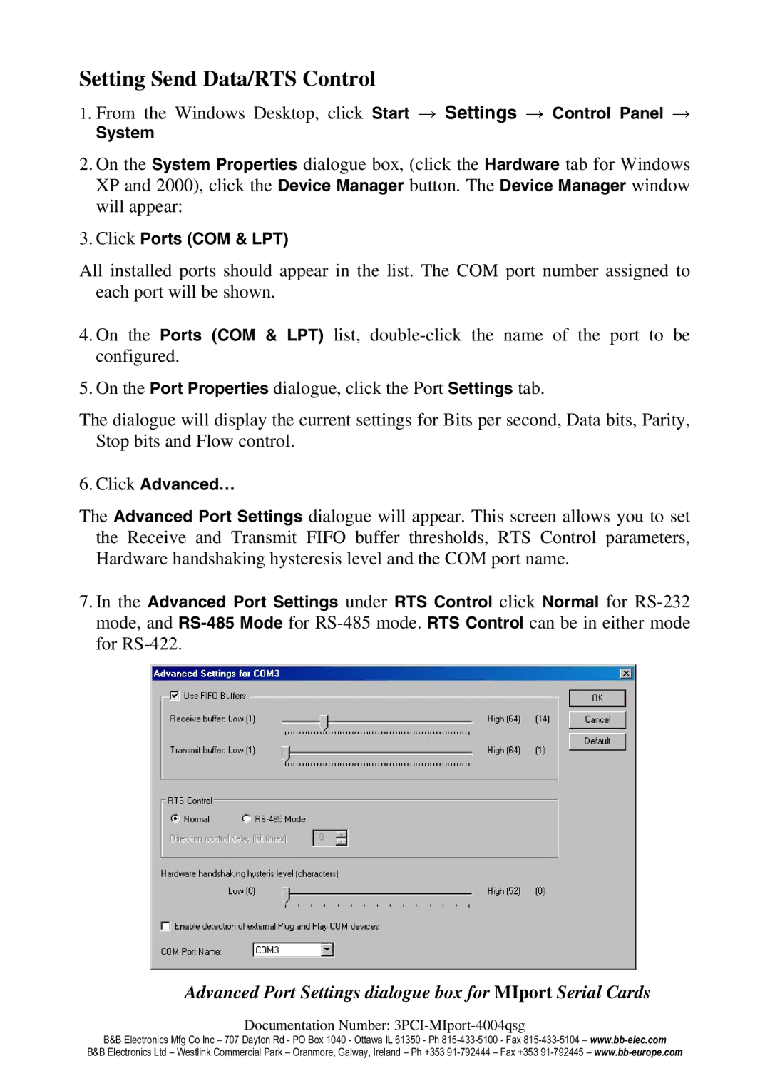 B&B Electronics 3PCIOU2, 3PCIU4 Setting Send Data/RTS Control, Advanced Port Settings dialogue box for MIport Serial Cards 