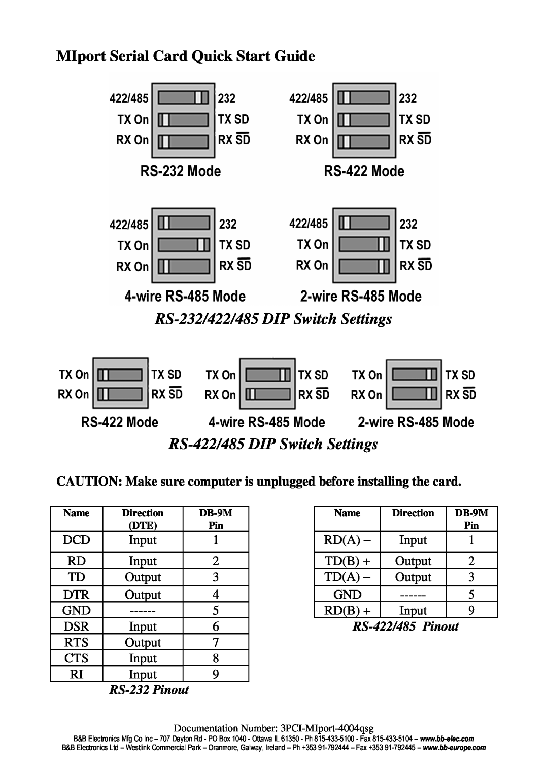 B&B Electronics 3PCIU2, 3PCIOU1, 3PCIU4, 3PCIOU2 MIport Serial Card Quick Start Guide, RS-232 Pinout, RS-422/485 Pinout 