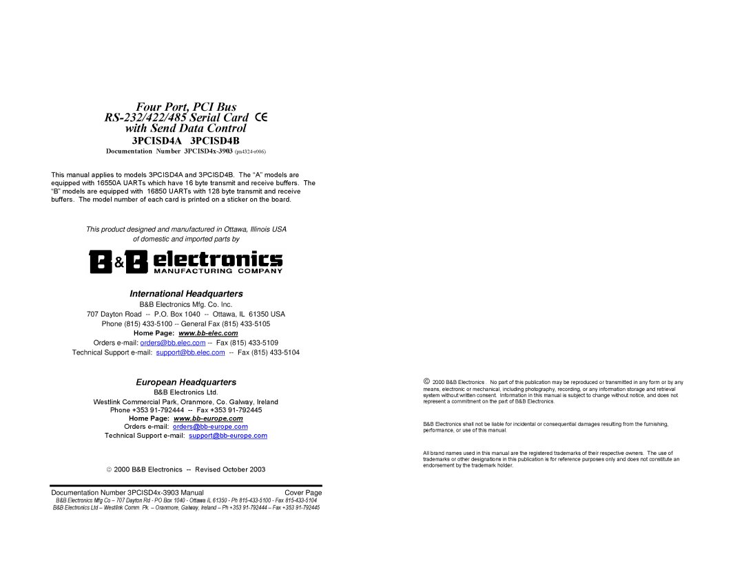 B&B Electronics Four Port, PCI Bus RS-232/422/485 Serial Card CE with Send Data Control manual 3PCISD4A 3PCISD4B 