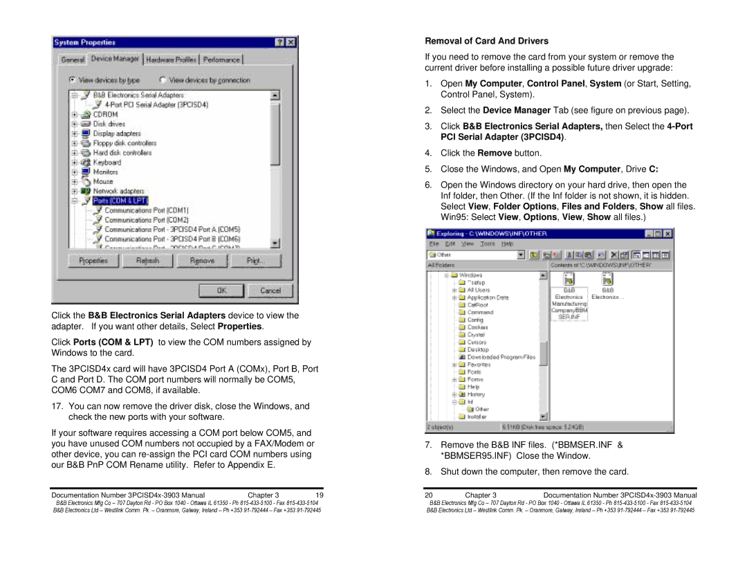 B&B Electronics 3PCISD4B, 3PCISD4A manual Removal of Card And Drivers 
