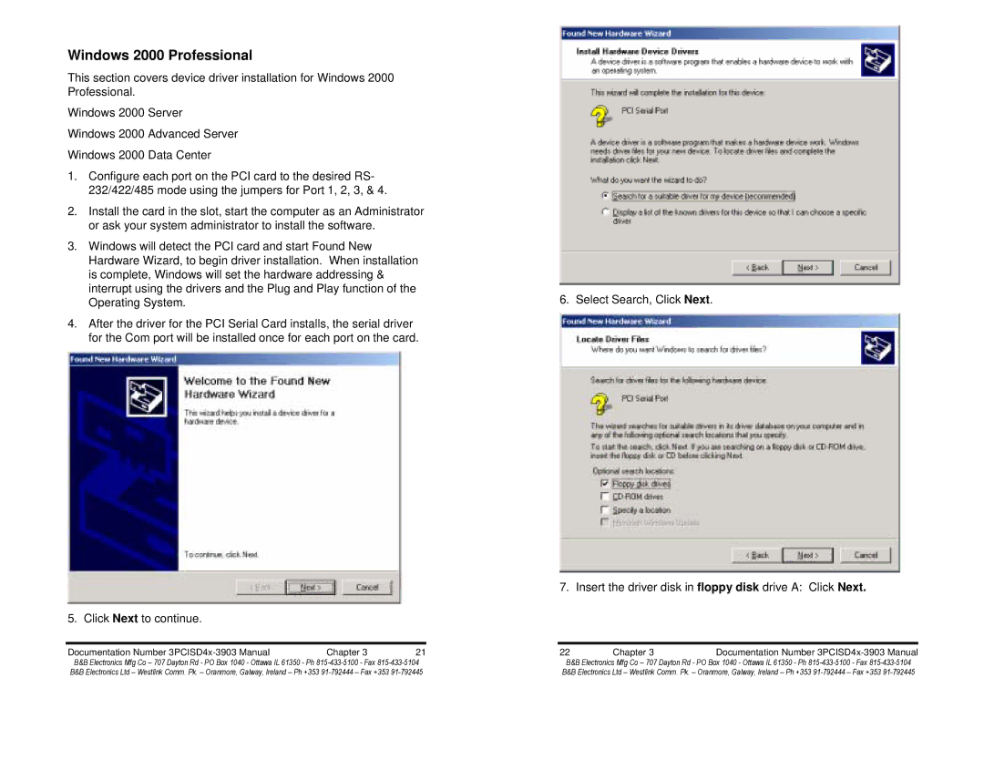 B&B Electronics 3PCISD4A, 3PCISD4B manual Windows 2000 Professional 