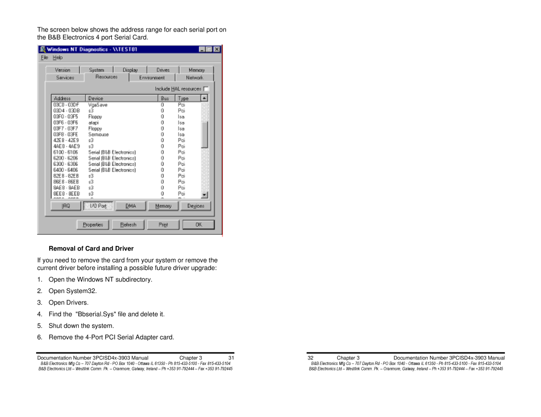 B&B Electronics 3PCISD4B, 3PCISD4A manual Removal of Card and Driver, Documentation Number 3PCISD4x-3903 Manual Chapter 