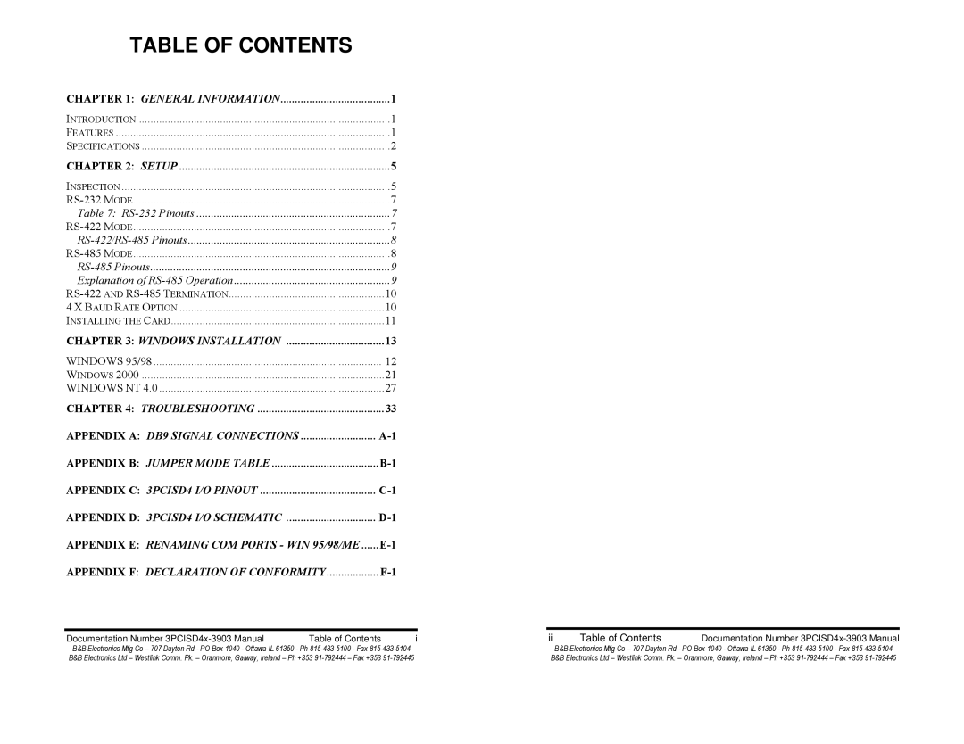 B&B Electronics Four Port, PCI Bus RS-232/422/485 Serial Card CE with Send Data Control, 3PCISD4B manual Table of Contents 