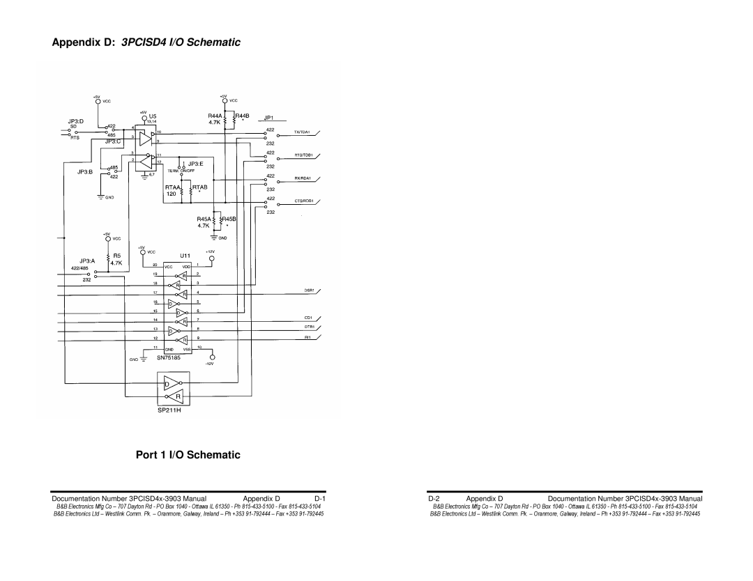 B&B Electronics 3PCISD4B, 3PCISD4A manual Appendix D 3PCISD4 I/O Schematic, Port 1 I/O Schematic 