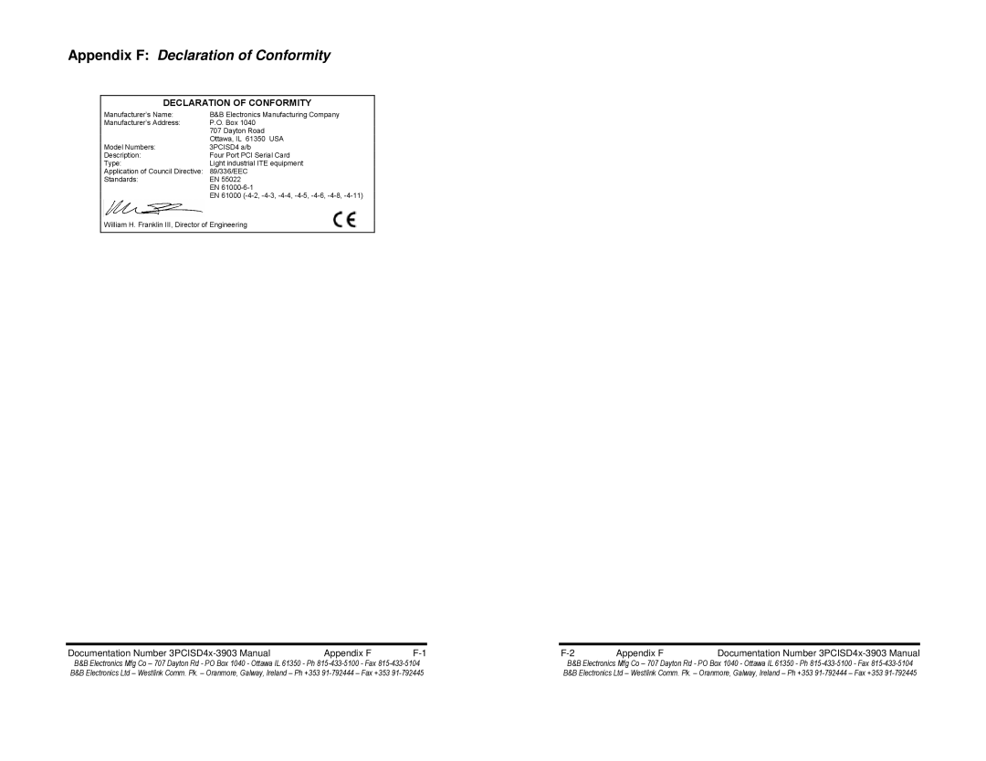 B&B Electronics 3PCISD4B manual Appendix F Declaration of Conformity, Documentation Number 3PCISD4x-3903 Manual Appendix F 